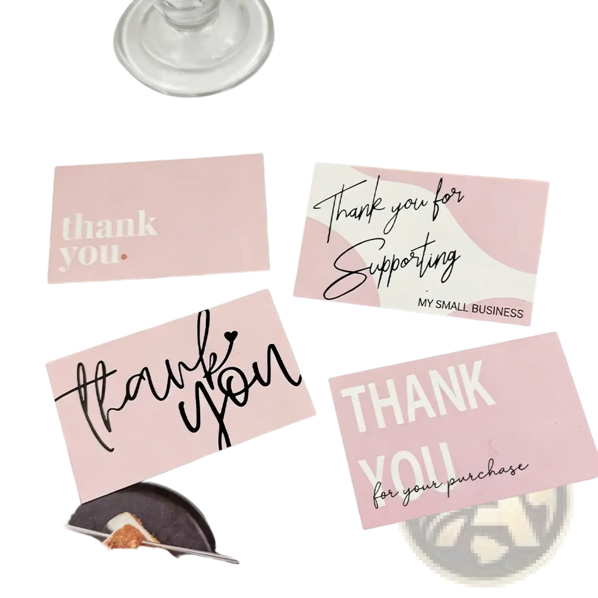 Pink rectangular thank you cards with elegant black cursive and sans-serif text for small business appreciation