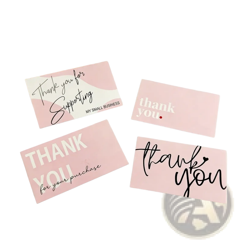 Pink rectangular thank you cards featuring elegant black white and red script and block designs for small business use