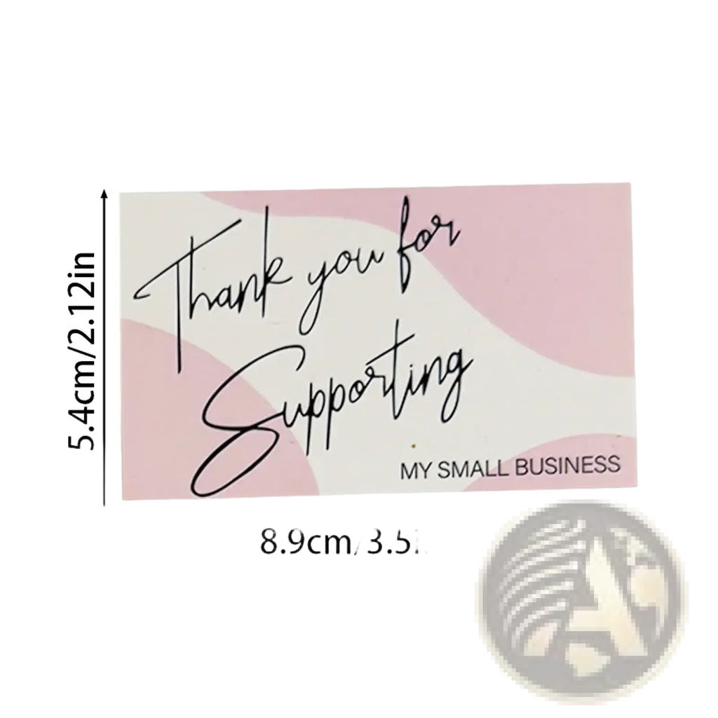 A rectangular pink and white gradient thank you card with elegant black cursive text for small business support