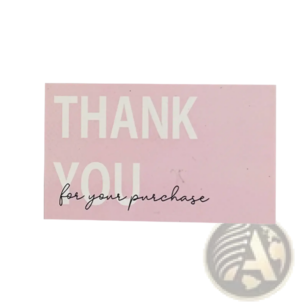 A soft pink rectangular thank you card with bold white uppercase letters and delicate black cursive script for small business use