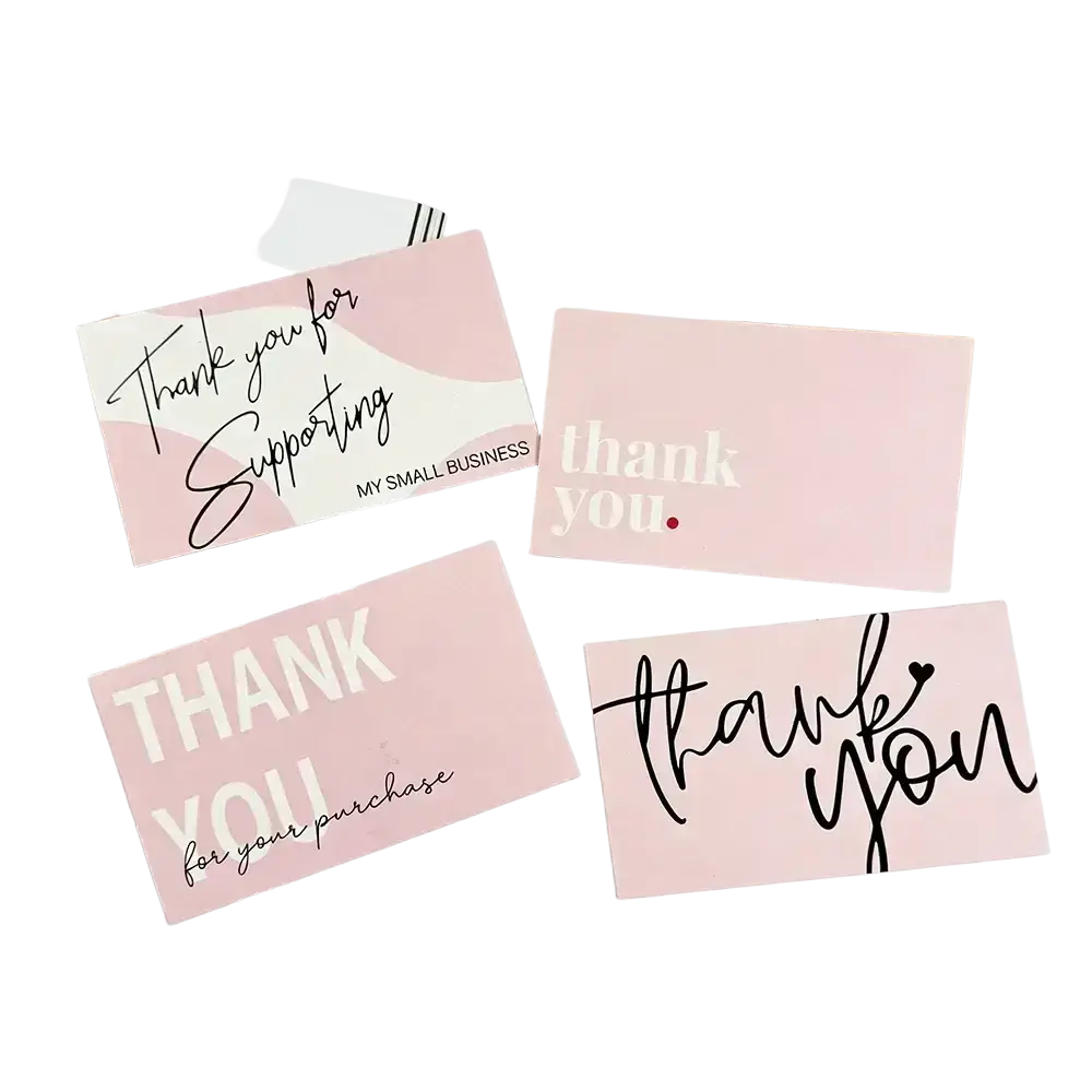 Pink small business thank you cards with minimalist designs and elegant script for professional appreciation use