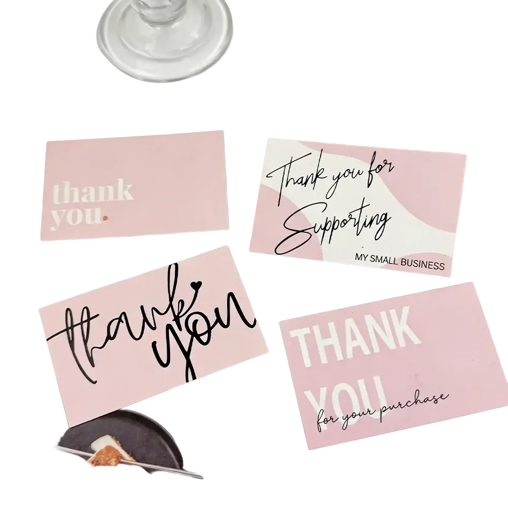 Pink rectangular thank you cards with elegant black cursive and sans-serif text for small business appreciation