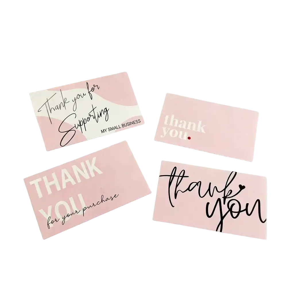 Pink small business thank you cards featuring elegant black cursive and sans-serif text on rectangular pink cardstock