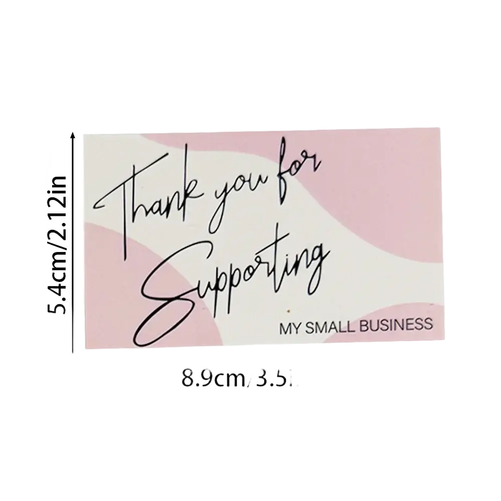 A rectangular pink and white gradient thank you card with elegant black cursive text for small business support