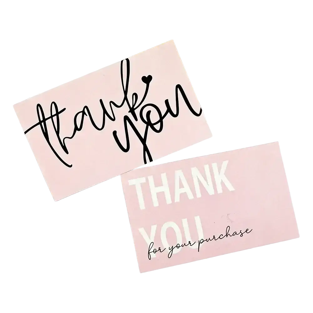 Two blush pink small business thank you cards featuring elegant black cursive and bold white uppercase text designs