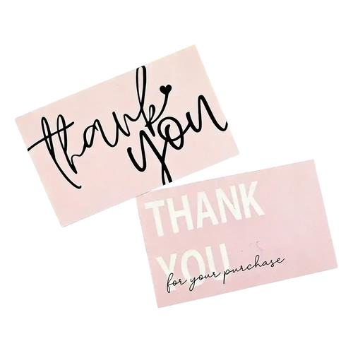 Two blush pink small business thank you cards featuring elegant black cursive and bold white uppercase text designs