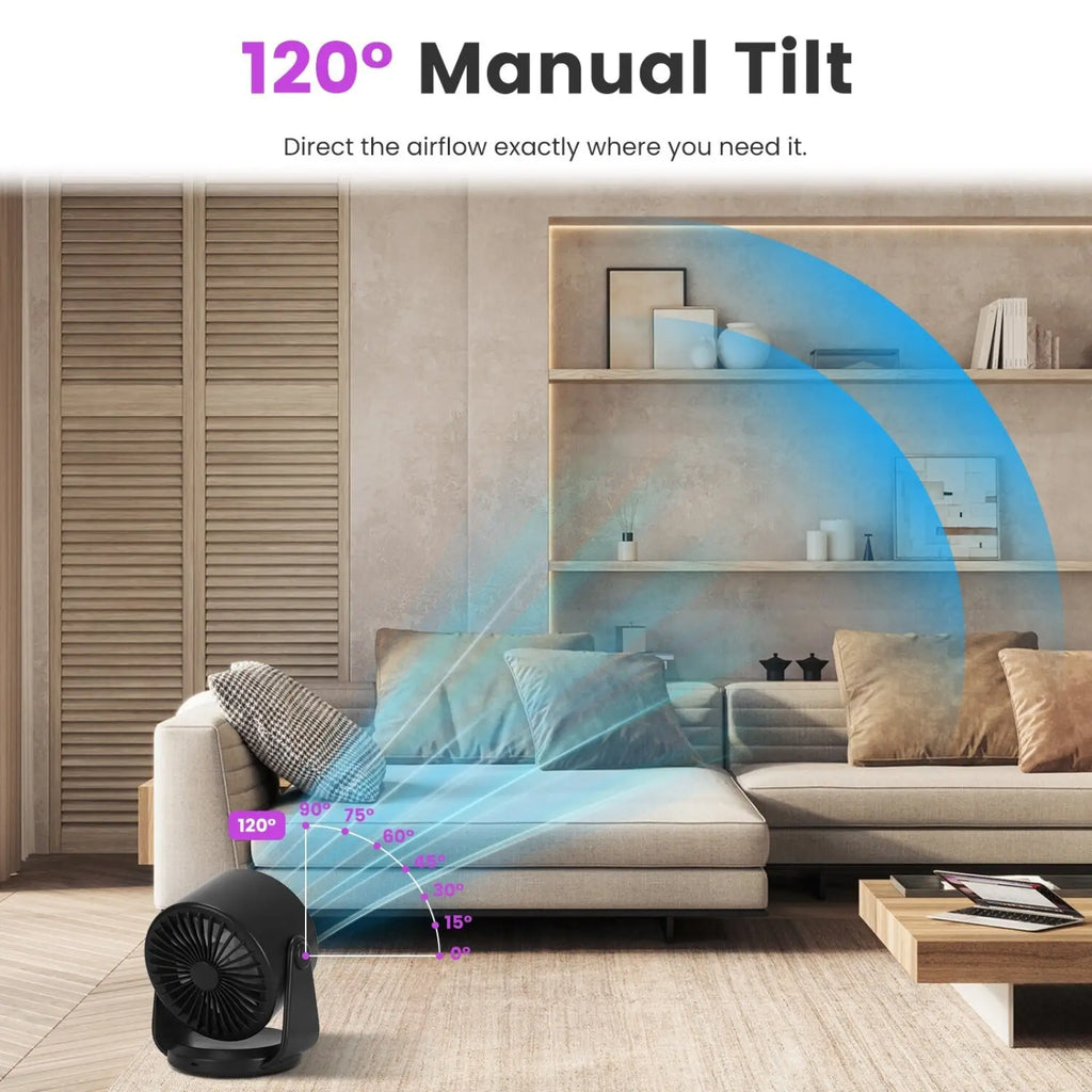 Black 100 speed rechargeable desk fan with 120 degree manual tilt and adjustable airflow angles for precise cooling