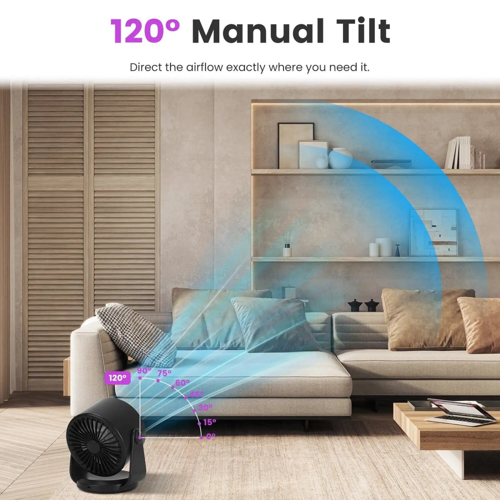 Black 100 speed rechargeable desk fan with 120 degree manual tilt and adjustable airflow angles for precise cooling