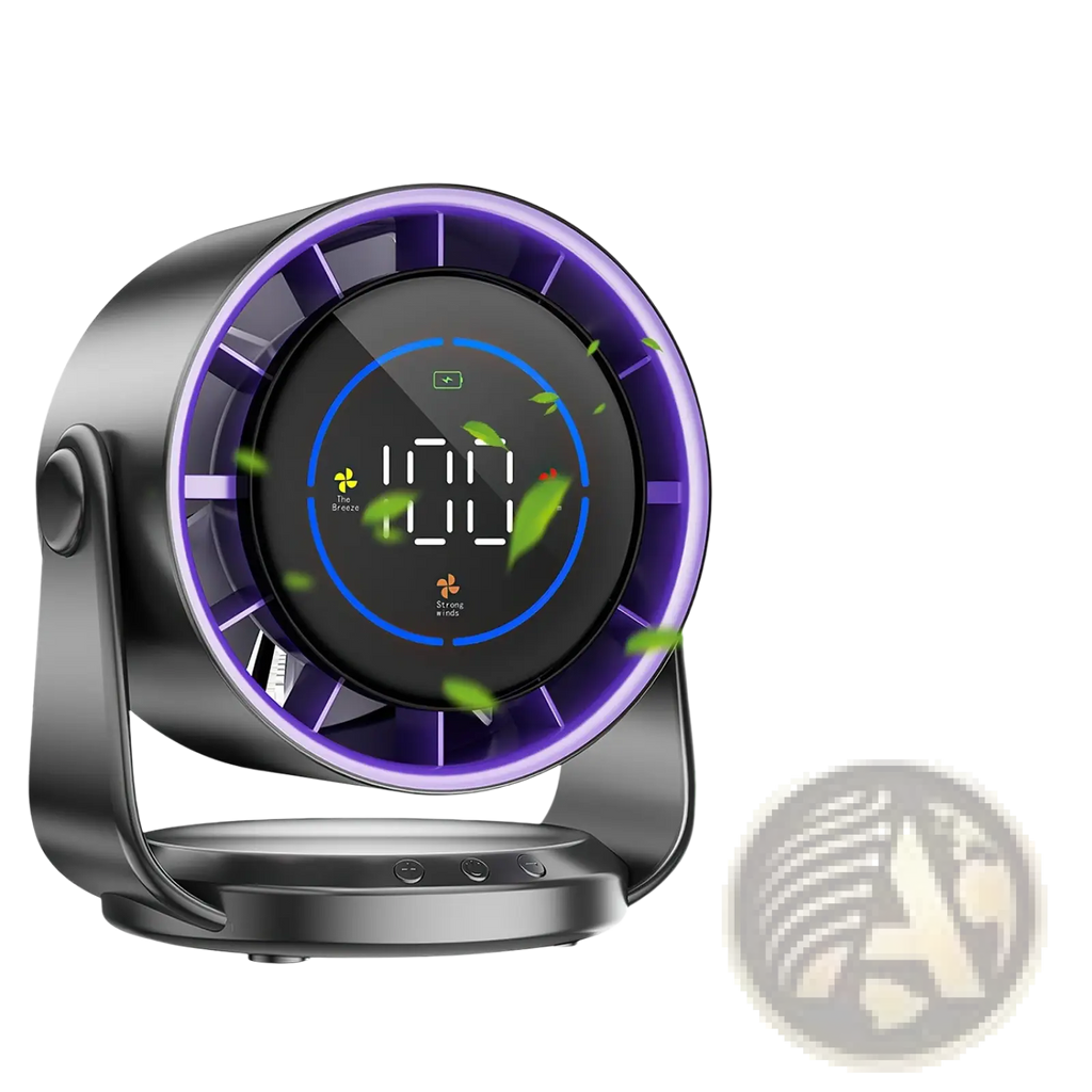 Black and purple rechargeable desk fan with digital display 100 speed settings metallic finish and 120 tilt angle