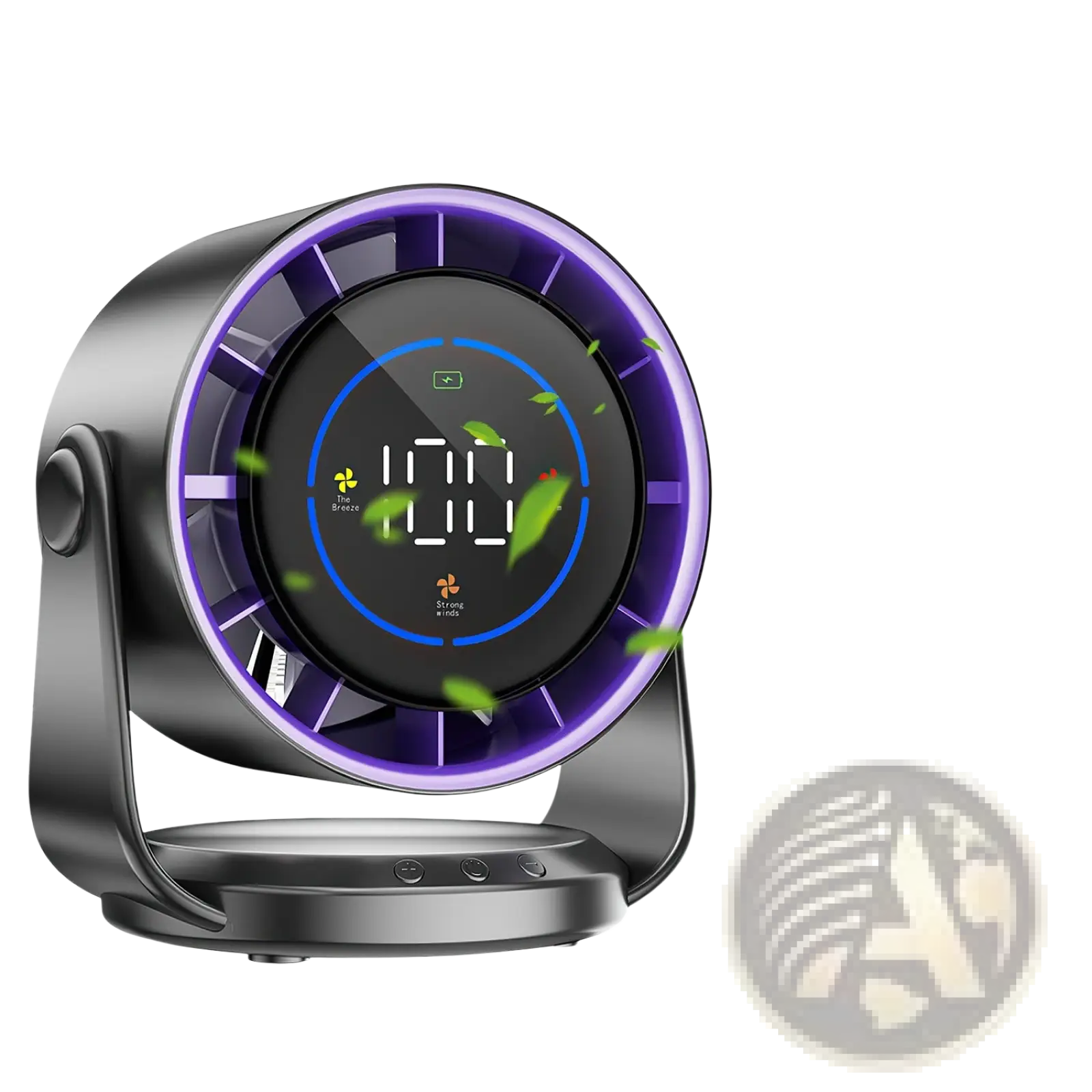 Black and purple rechargeable desk fan with digital display 100 speed settings metallic finish and 120 tilt angle