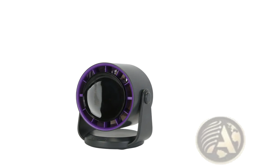 Purple and black compact rechargeable desk fan with circular design 100 speed and 120 degree tilt features