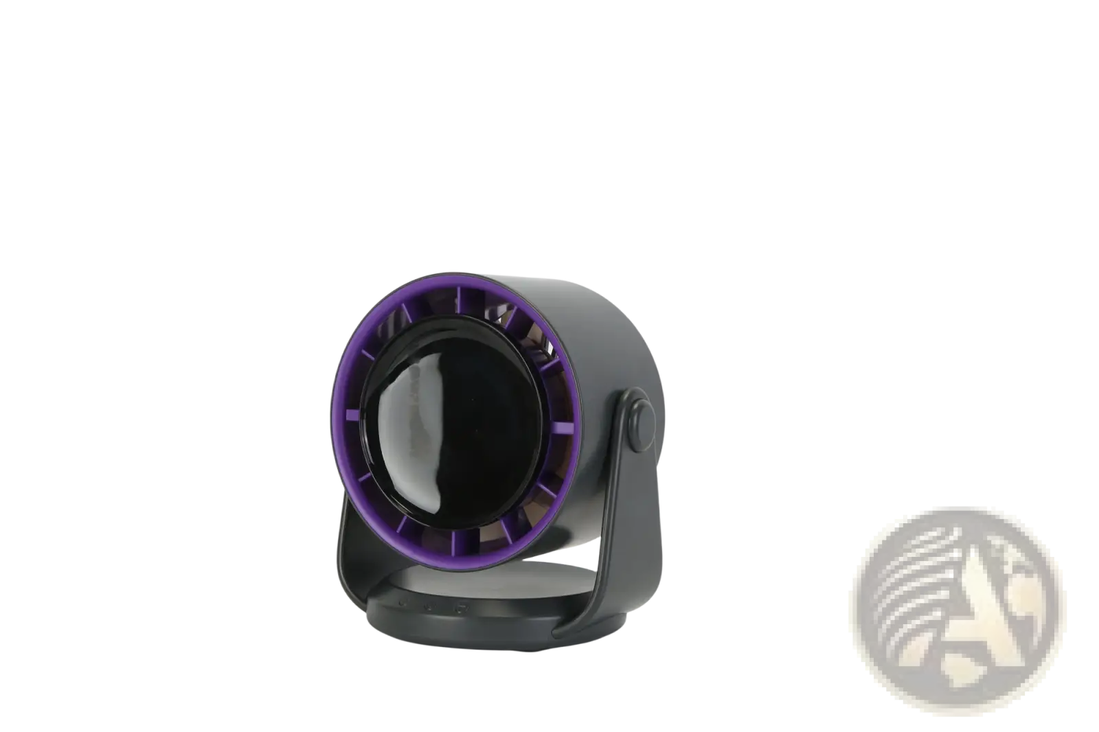 Purple and black compact rechargeable desk fan with circular design 100 speed and 120 degree tilt features