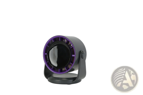Purple and black compact rechargeable desk fan with circular design 100 speed and 120 degree tilt features