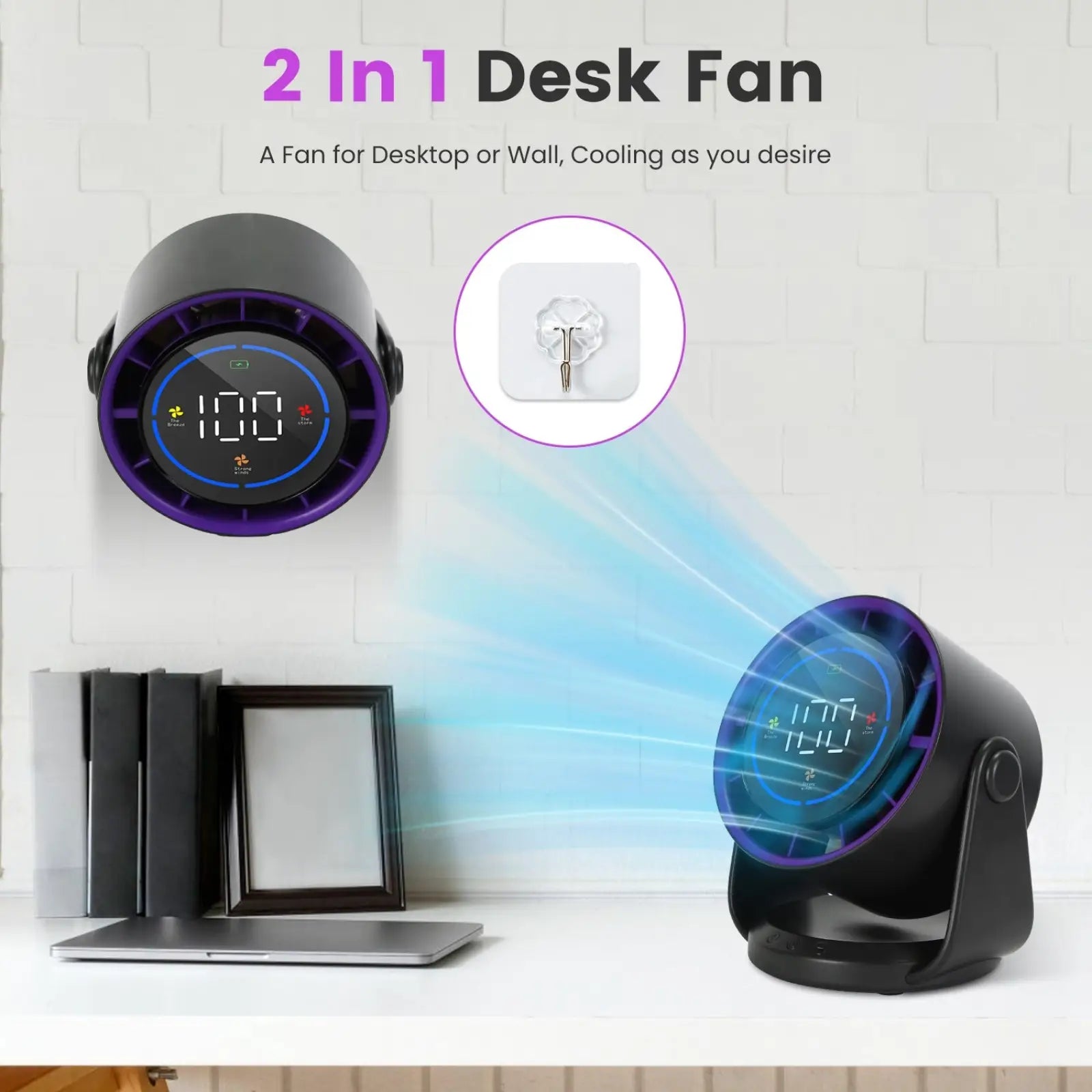 Black and purple 2-in-1 desk fan with digital display rechargeable 100 speed 120 tilt 4000mah battery