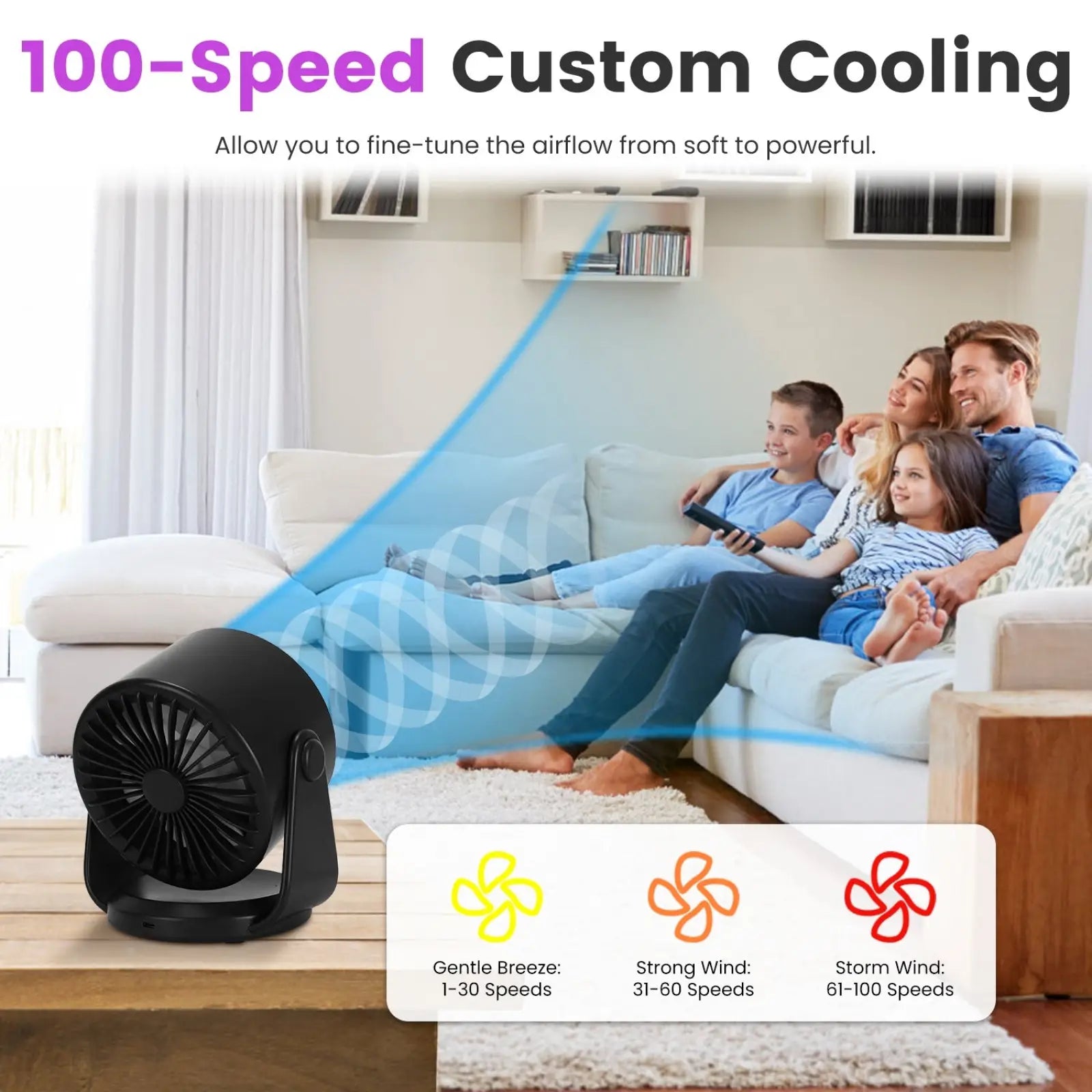 Black cylindrical rechargeable desk fan with adjustable speed settings and 120 tilt for customizable airflow