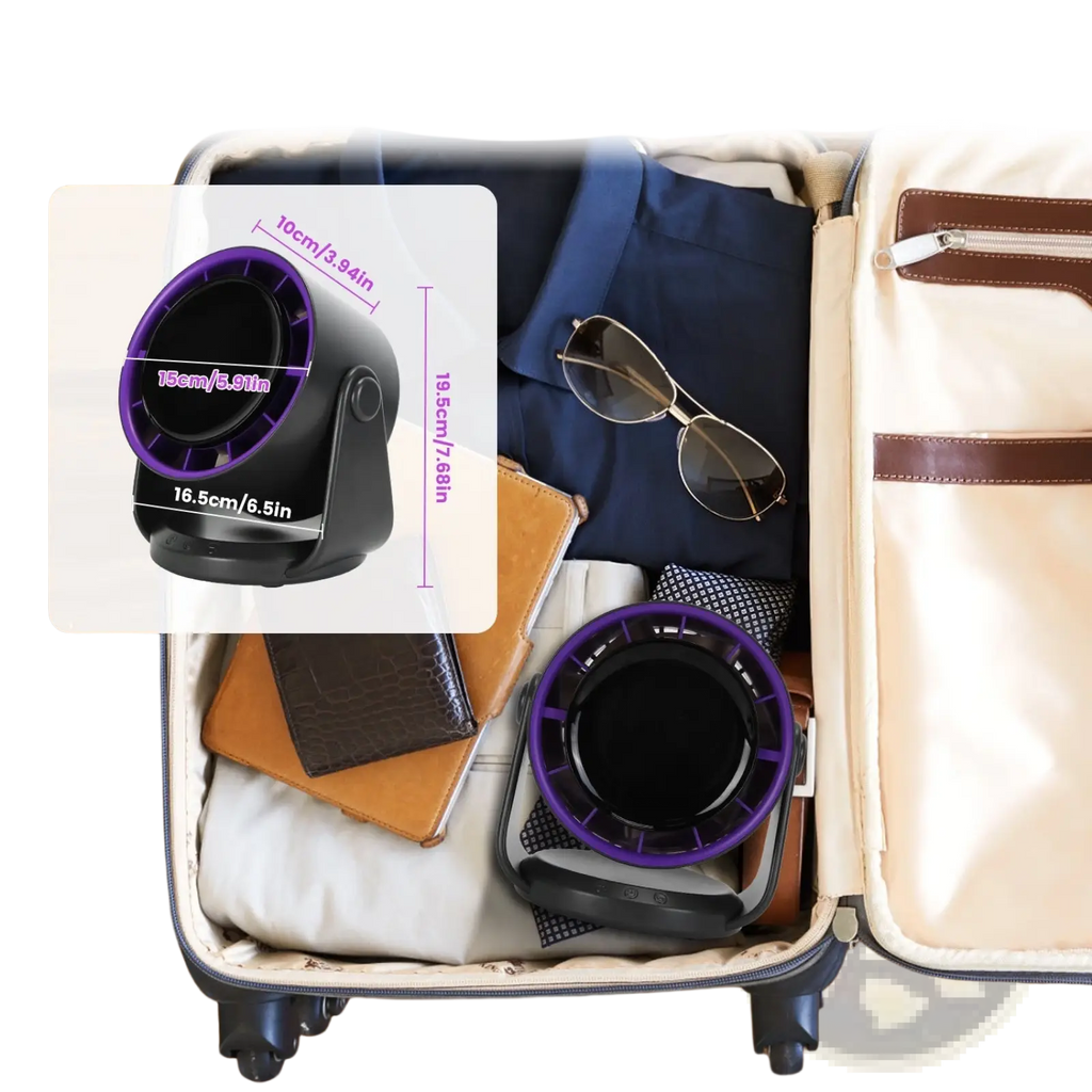 Purple and black portable 100 speed rechargeable desk fan with circular design and sleek plastic body, 120 tilt, 4000mah battery