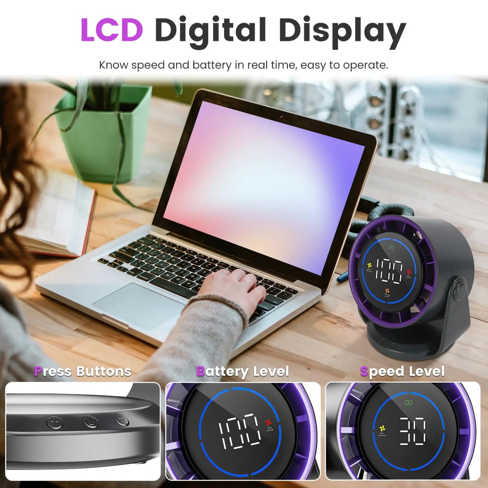 Black and purple rechargeable desk fan with lcd display showing speed and battery level and 120 tilt angle