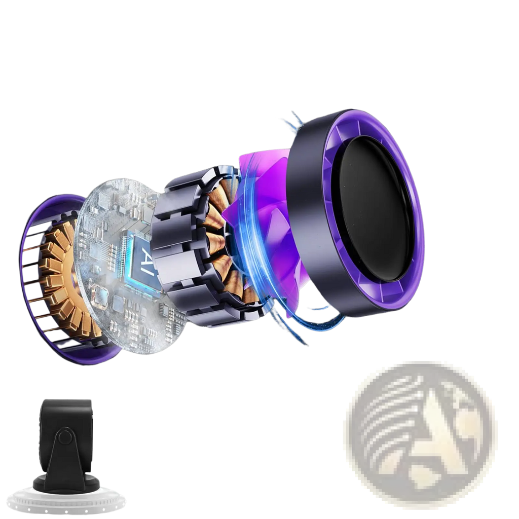 Purple and black dyson brushless motor with turbo-flow tech and smart chip in 100 speed rechargeable desk fan