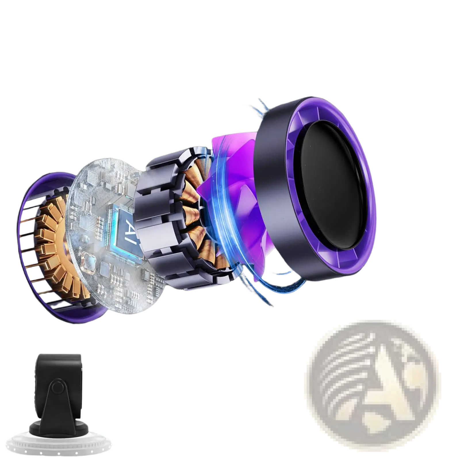 Purple and black dyson brushless motor with turbo-flow tech and smart chip in 100 speed rechargeable desk fan