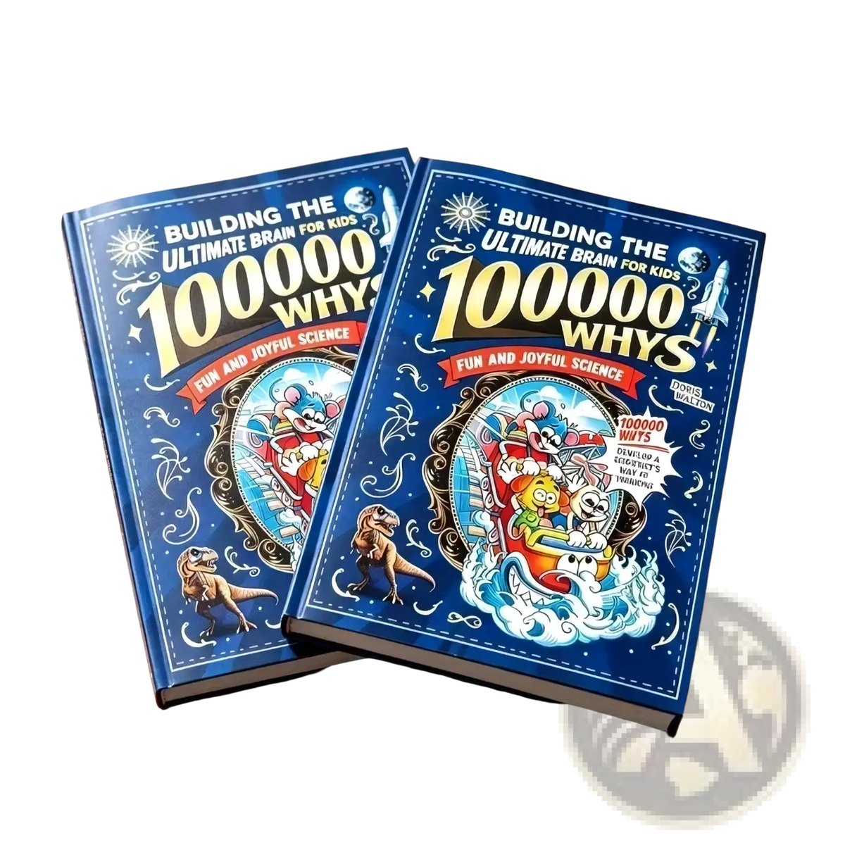 Blue hardcover kids science encyclopedia book titled building the ultimate brain for kids 100000 whys with colorful illustrations