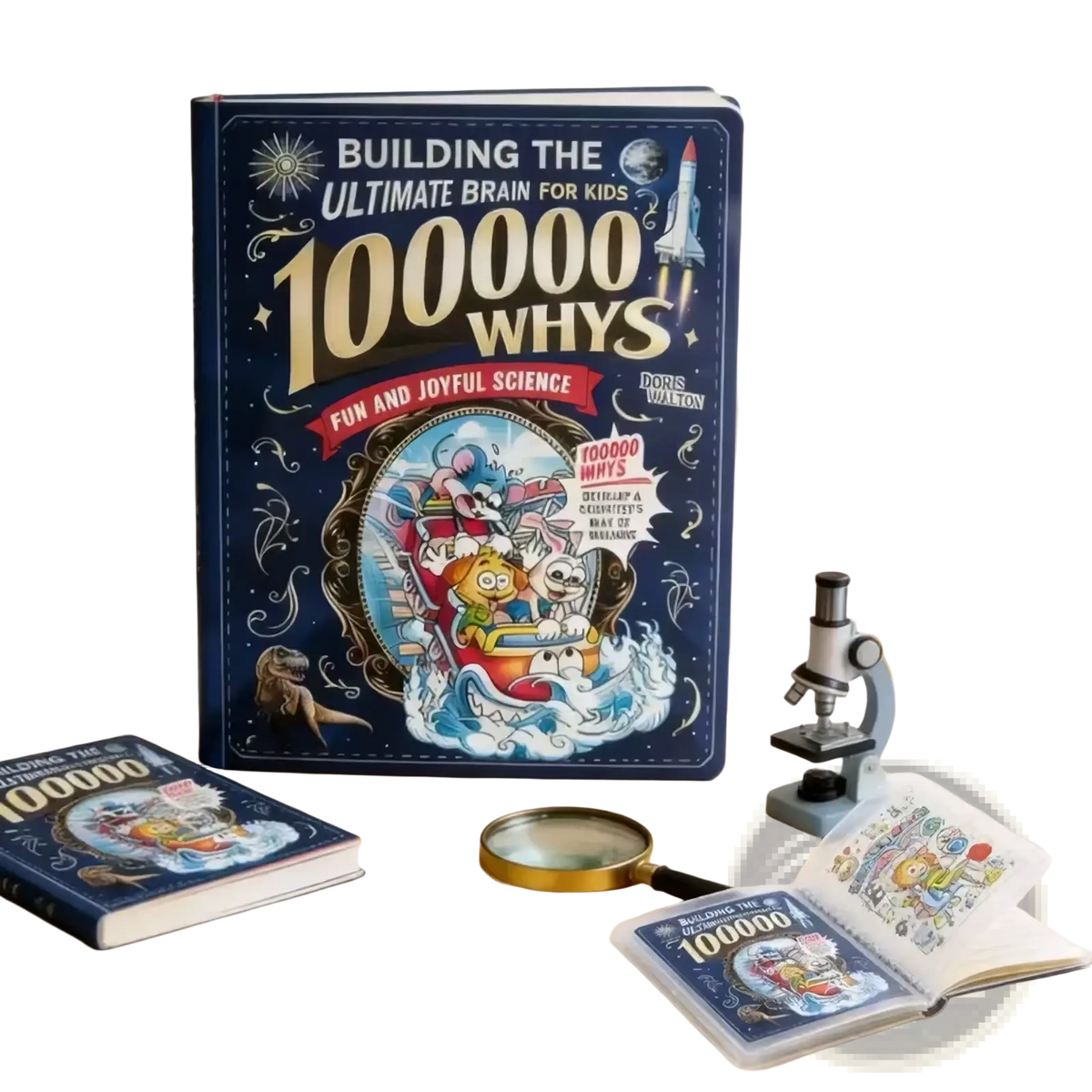 Deep blue hardcover kids science encyclopedia book titled 100000 whys by dors walton with vibrant space-themed illustrations
