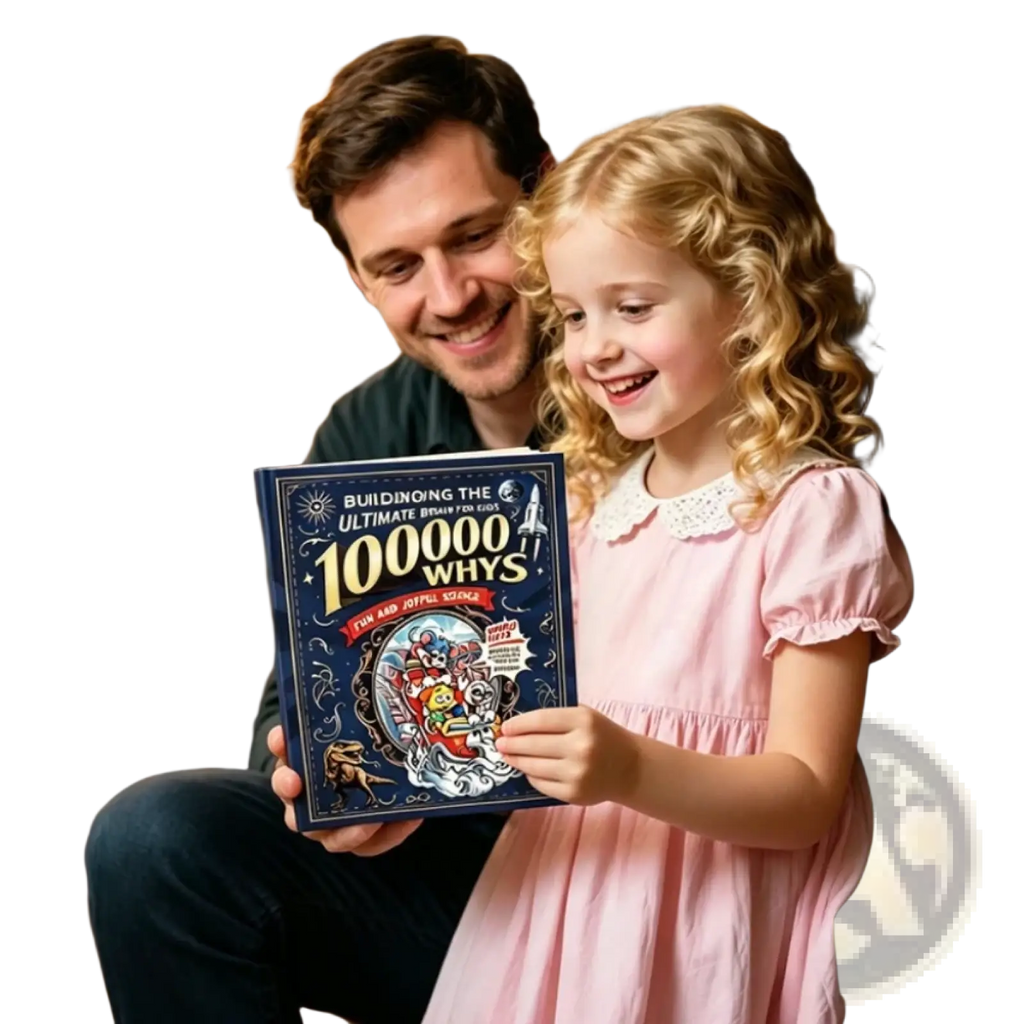 A navy blue children’s science encyclopedia book titled 100000 whys with colorful space-themed cartoon illustrations