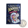A navy blue hardcover kids science encyclopedia book titled 100000 Whys with colorful cartoon and space-themed cover