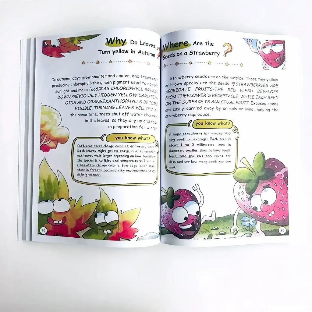 Open children’s educational book 100000 Whys kids science encyclopedia with colorful cartoon leaves and strawberries illustrations