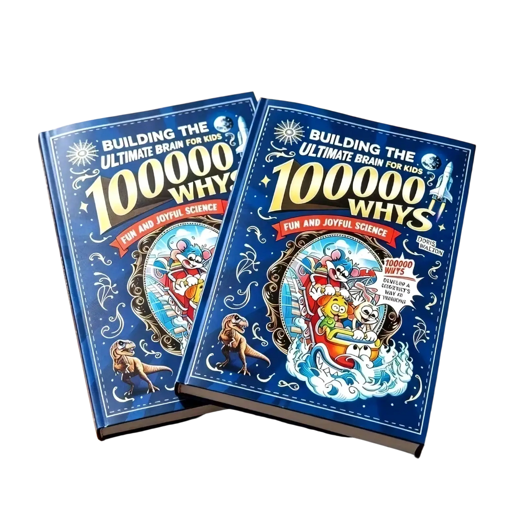 Blue hardcover kids science encyclopedia book titled building the ultimate brain for kids 100000 whys with colorful illustrations