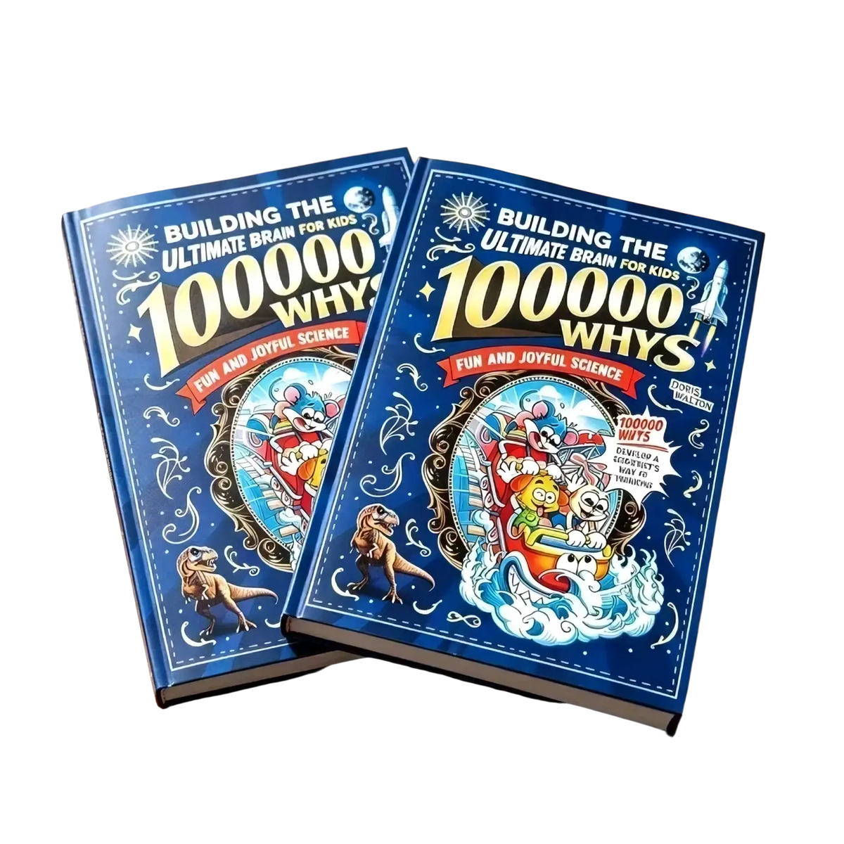Blue hardcover kids science encyclopedia book titled building the ultimate brain for kids 100000 whys with colorful illustrations