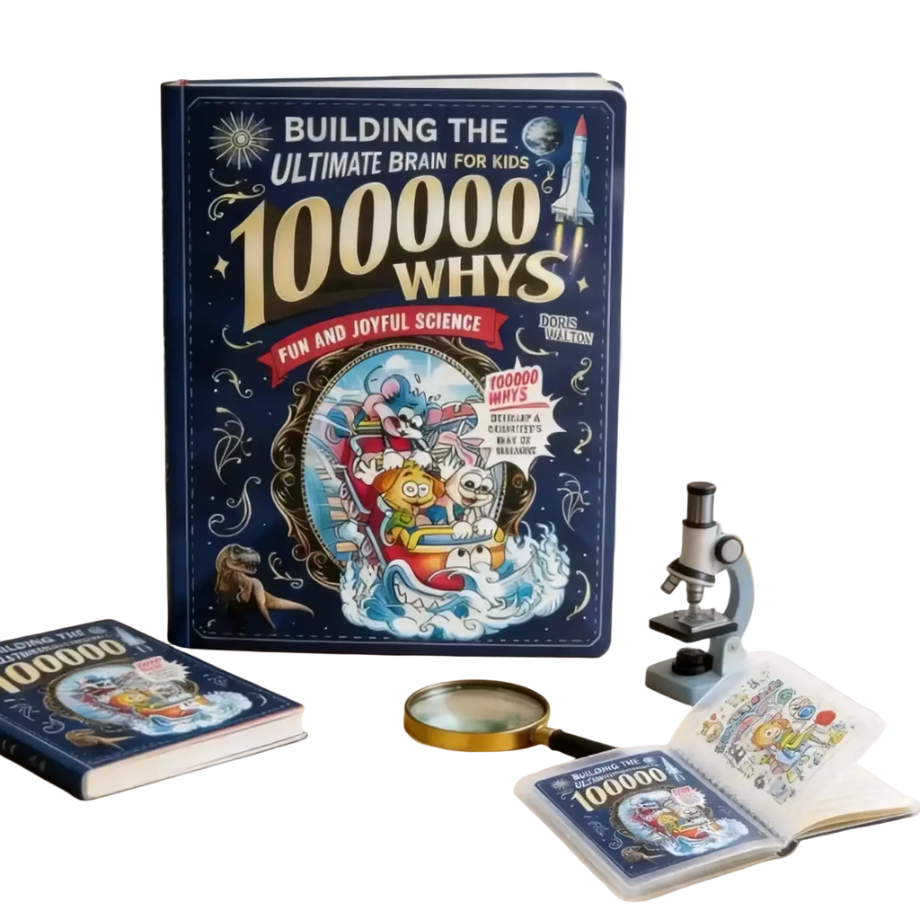 Deep blue hardcover kids science encyclopedia book titled 100000 whys by dors walton with vibrant space-themed illustrations