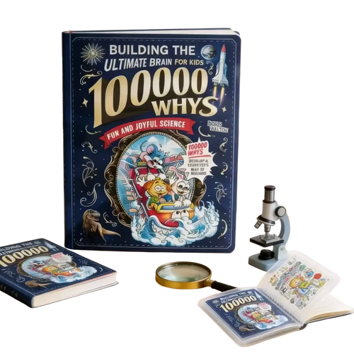 Deep blue hardcover kids science encyclopedia book titled 100000 whys by dors walton with vibrant space-themed illustrations