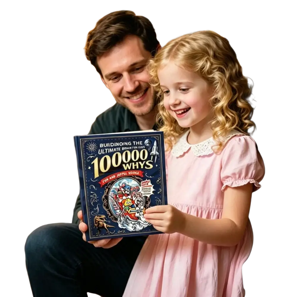 A navy blue children’s science encyclopedia book titled 100000 whys with colorful space-themed cartoon illustrations