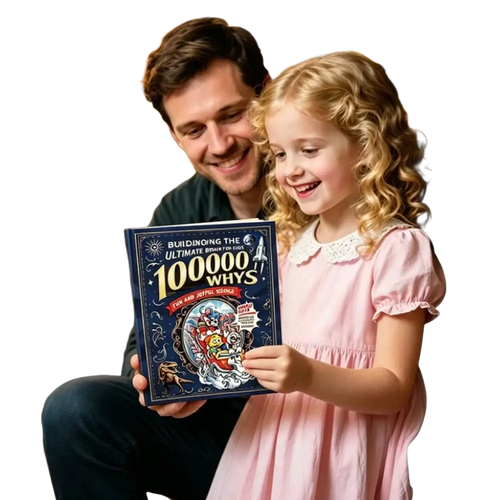 A navy blue children’s science encyclopedia book titled 100000 whys with colorful space-themed cartoon illustrations