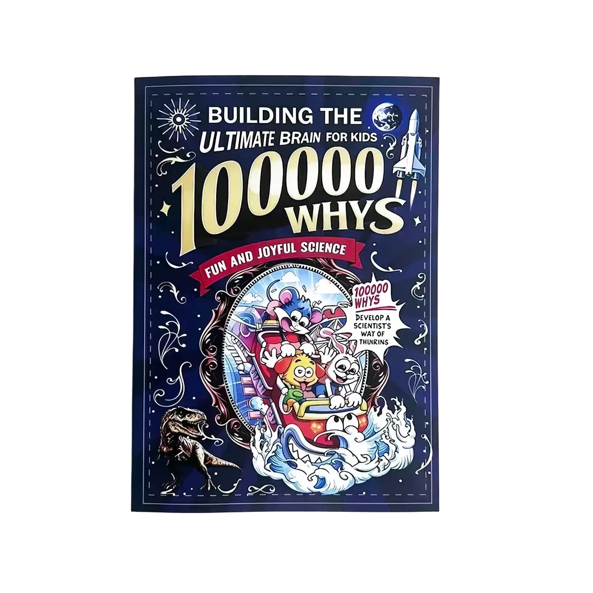 A navy blue hardcover kids science encyclopedia book titled 100000 Whys with colorful cartoon and space-themed cover
