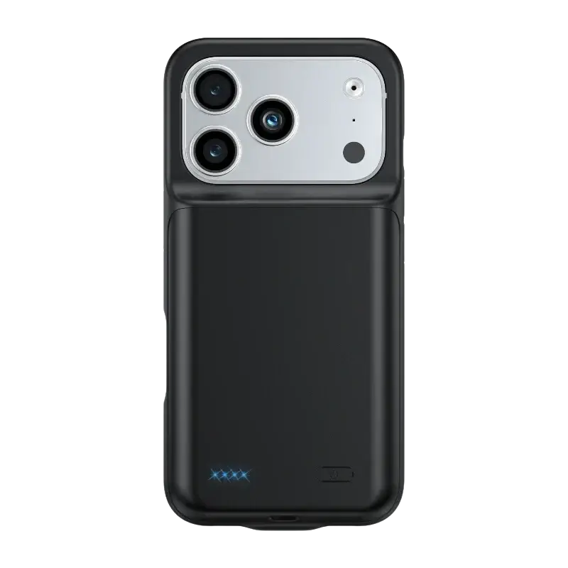 Black 10000mah battery case for iphone 17air 17pro 17promax with silver camera module and blue led indicator lights back view