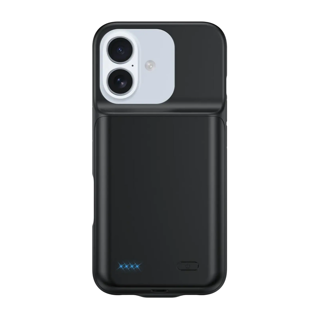 Black 10000mah battery case for iphone 17air 17pro 17promax with sleek matte finish and dual-camera cutout back side