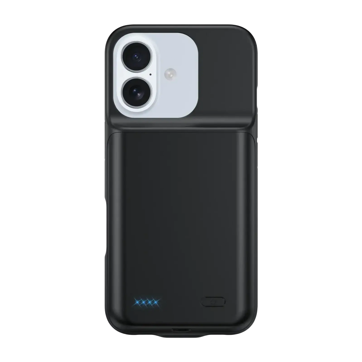 Black 10000mah battery case for iphone 17 series with integrated battery pack white camera module and blue led lights back view