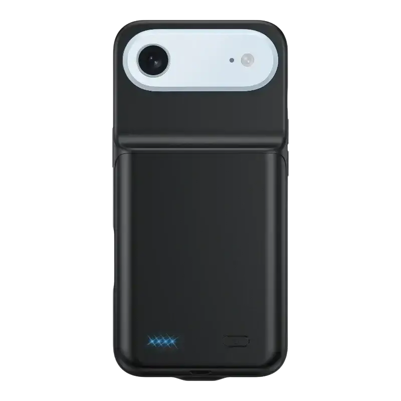 Black 10000mah battery case for iphone 17 series showing back with white camera module and blue led indicator
