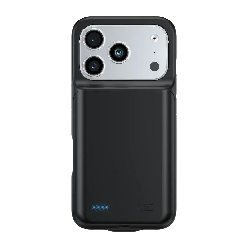 Black 10000mah battery case for iphone 17air 17pro 17promax with silver camera module and blue led lights on back side