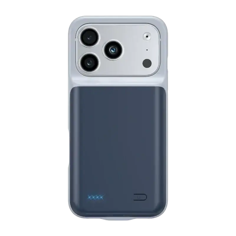 Back side of a sleek two-tone 10000mah battery case for iphone 17 series with silver camera module and dark blue battery pack