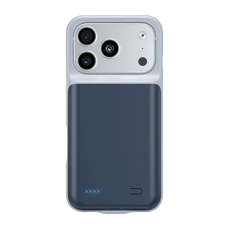 Back view of a sleek two-tone 10000mah battery case with silver camera module and dark blue panel for iphone 17pro 17air 17promax