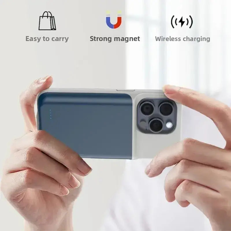 Back side of a sleek two-tone battery case with matte blue back white edges and integrated magnetic 10000mah battery for iphone 17 series