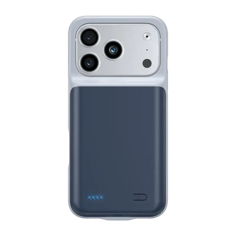 Back view of a sleek two-toned 10000mah battery case with silver camera module and dark blue battery pack for iphone 17pro max