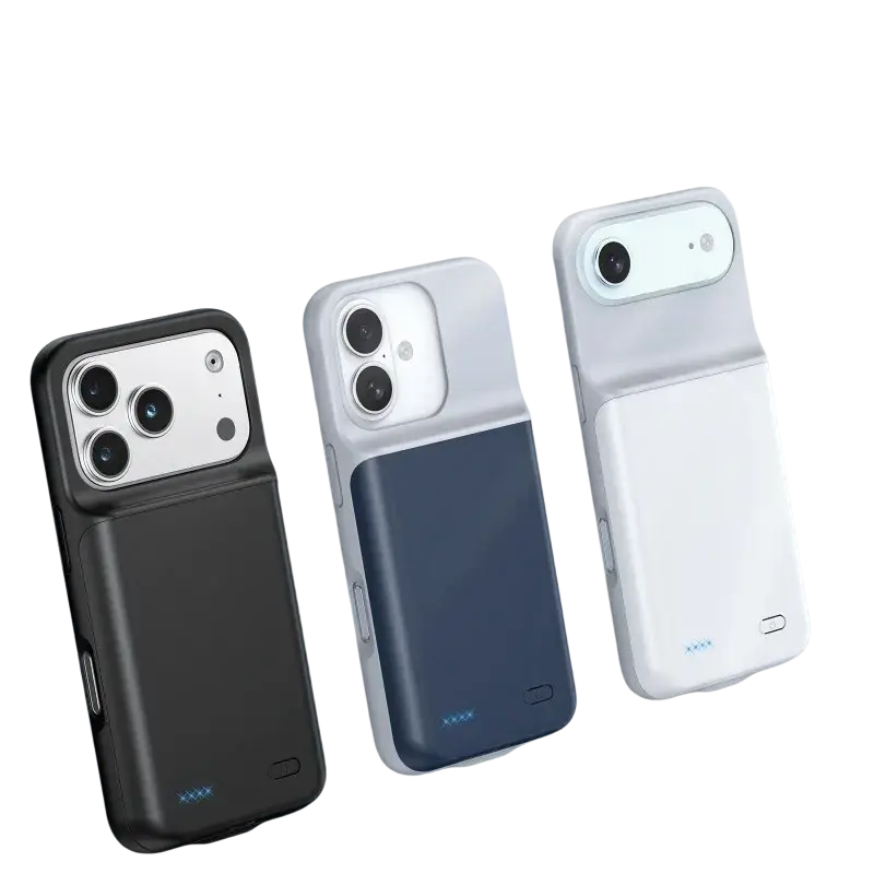 Back view of 10000mah battery case for iphone 17air 17pro 17promax in black navy blue and white with sleek integrated design