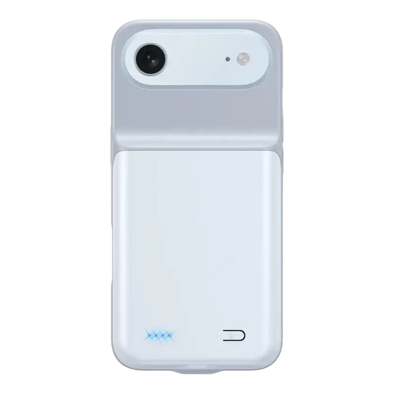 White iphone 17air 17pro 17promax case with 10000mah battery pack and camera cutout shown from the back side