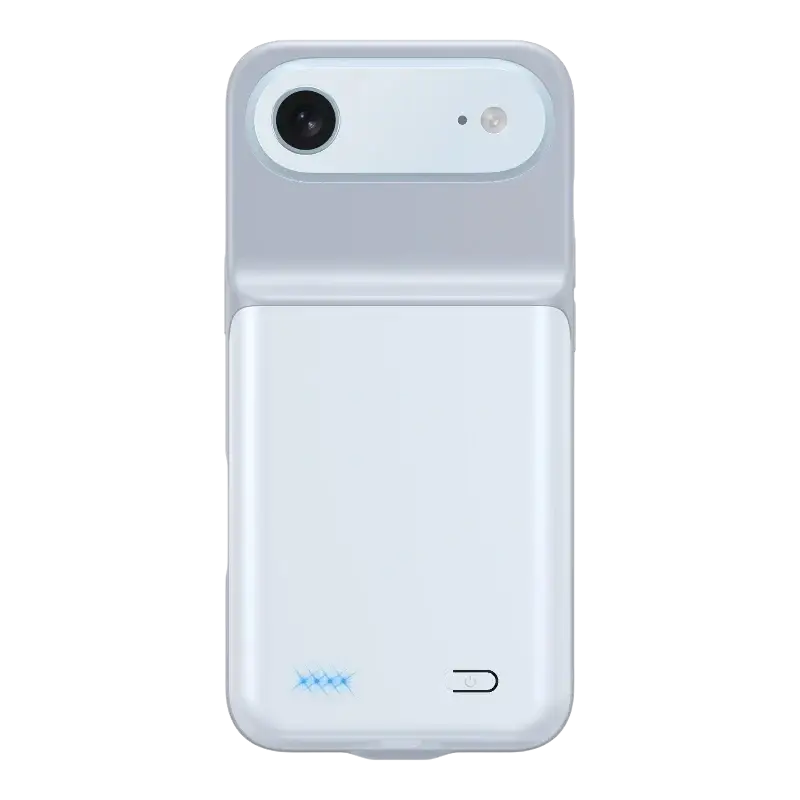 White iphone 17air 17pro 17promax battery case showing back side with integrated 10000mah battery pack and camera cutout