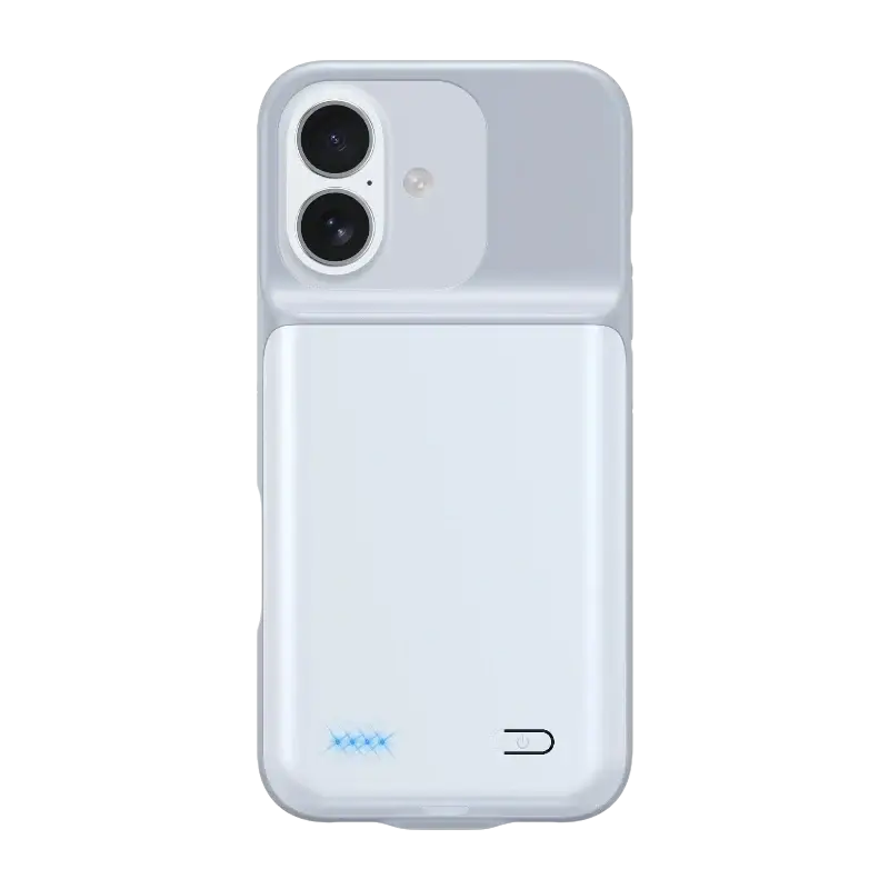 White iphone 17air 17pro 17promax battery case with 10000mah built-in battery and dual-camera cutout shown from back side