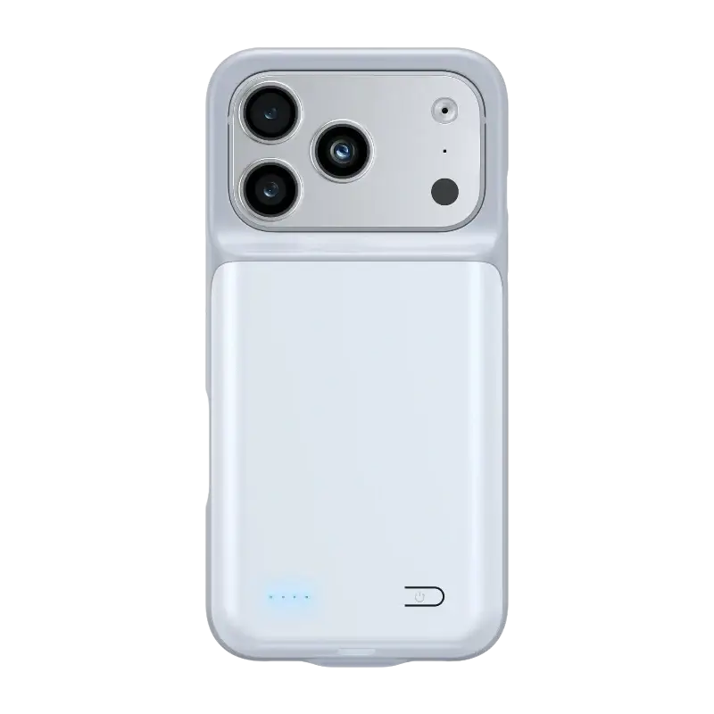 White sleek 10000mah battery case for iphone 17air 17pro 17promax with minimalist design and blue led indicators back view