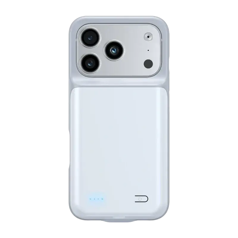 White slim 10000mah battery case for iphone 17air 17pro 17promax with sleek metallic finish and rear camera cutout